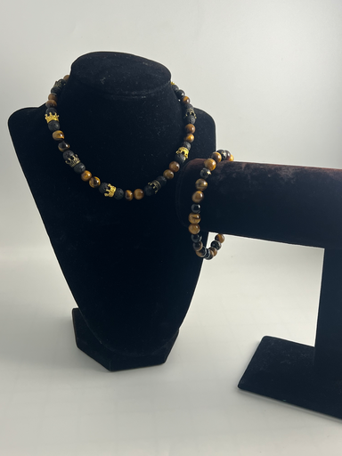 [RPC-BRCLT-TEL] Eye of the King – Tiger’s Eye & Lava Stone Jewelry Set | Crown of Hotep